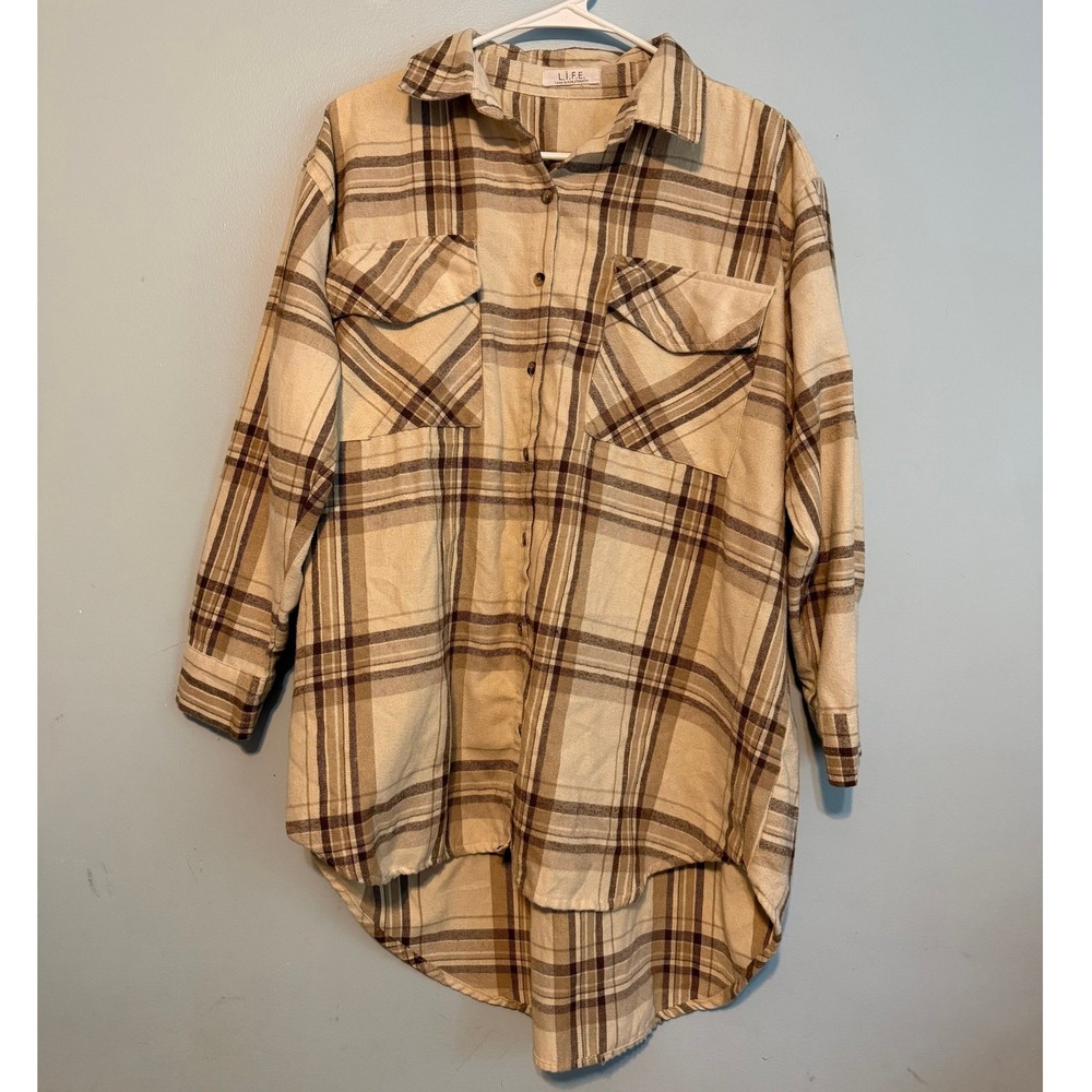 LIFE Love Is For Eternity Women's Plaid Flannel Shirt Tan Brown High Low 1856